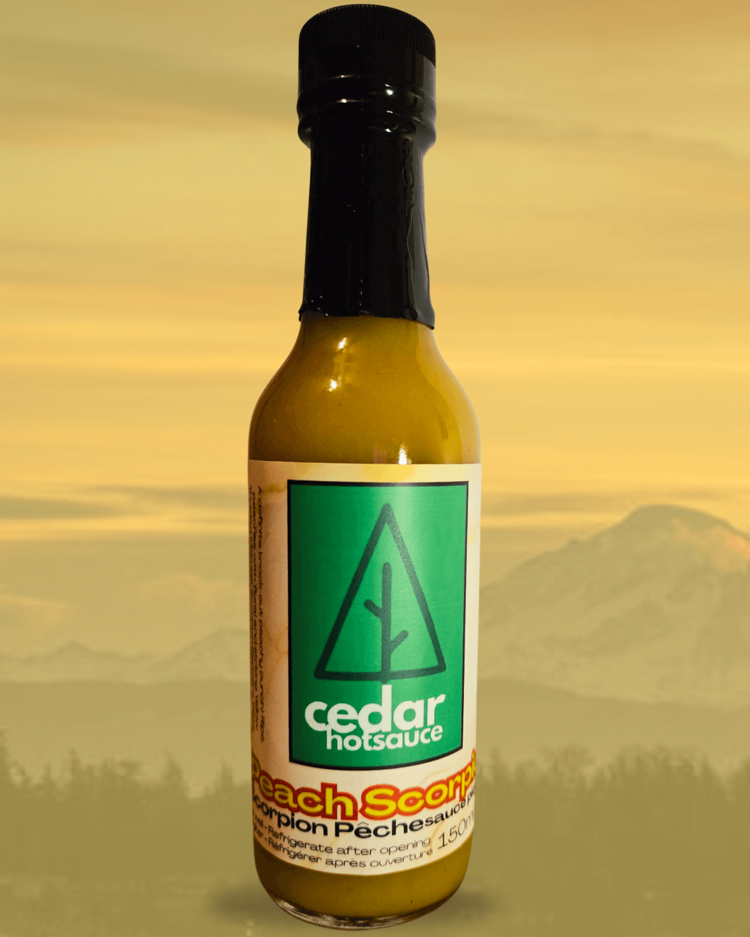 Cedar hot sauce bottle featuring Peaches + Trinidad Scorpion peppers, perfect for adding spicy kick to dishes.