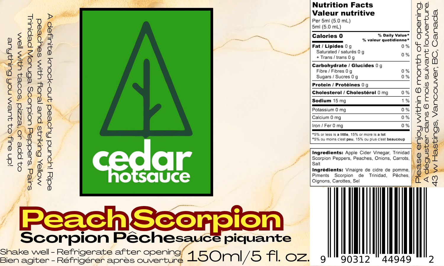 Cedar hot sauce label featuring Peach Scorpion with ingredients and nutrition facts for spicy, fresh flavor.