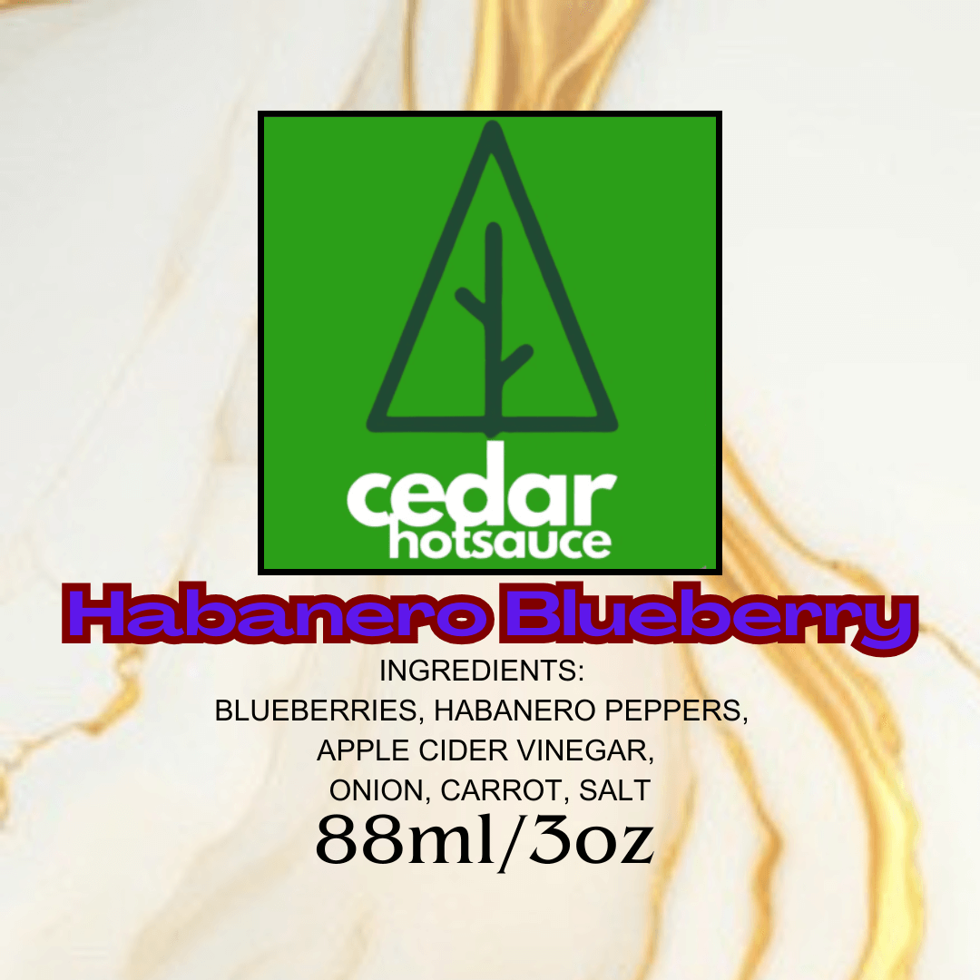Cedar Hotsauce Habanero Blueberry 88ml bottle with spicy ingredients like habanero and blueberries.