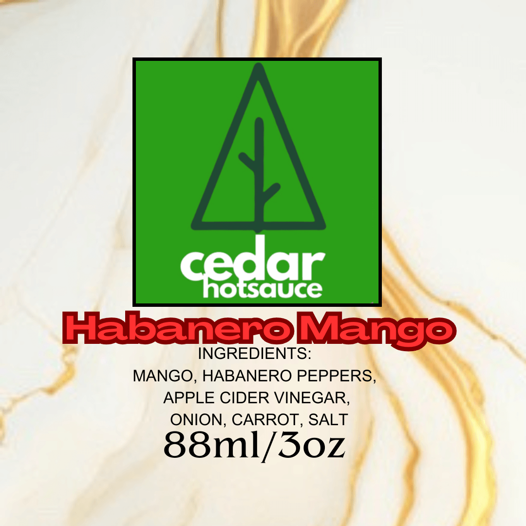 Cedar Habanero Mango Hot Sauce 88ml, perfect for spicy farm-fresh recipes and adding a kick to your dishes.