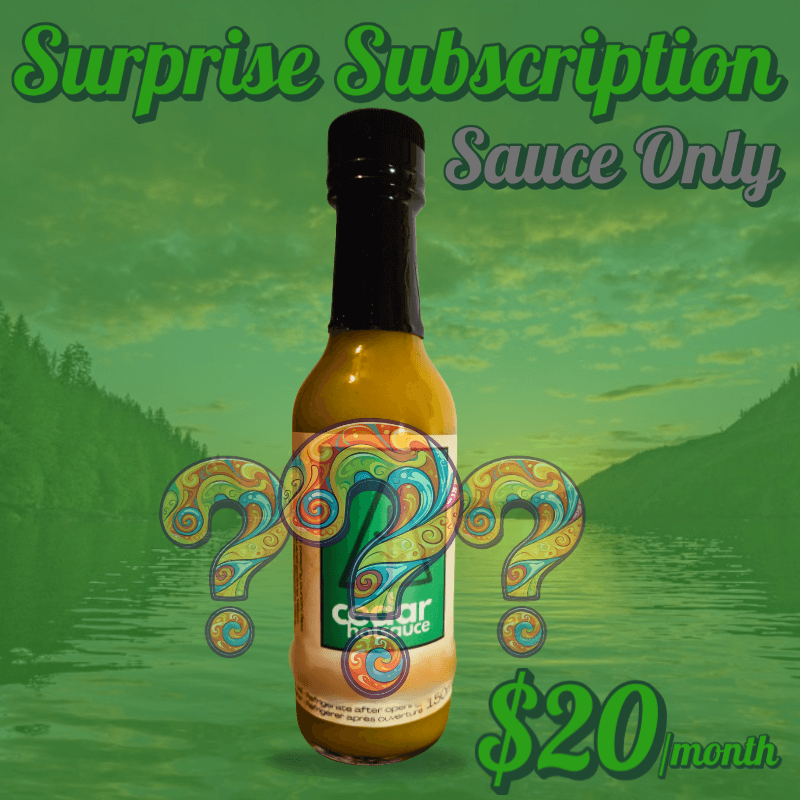 Monthly surprise sauce subscription featuring seasonal spicy sauces with fresh farm ingredients for adventurous chefs.