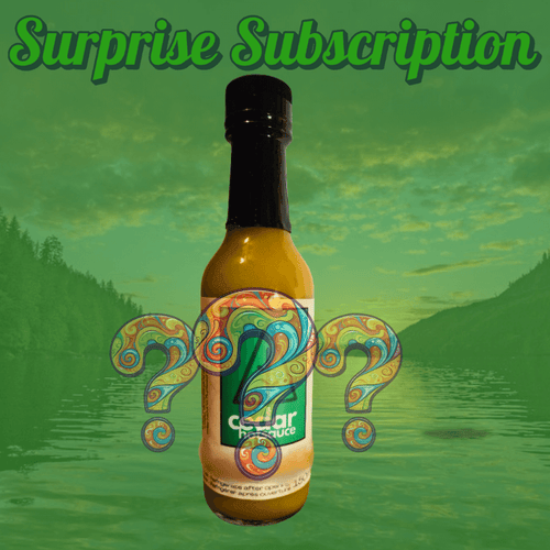 Monthly Surprise Sauce Subscription bottle featuring colorful question marks and a scenic green background.